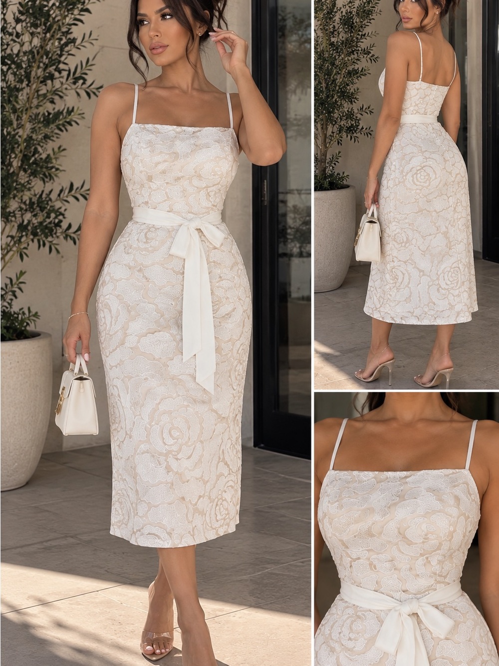 Elegant Ivory Lace Midi Dress with Waist Tie